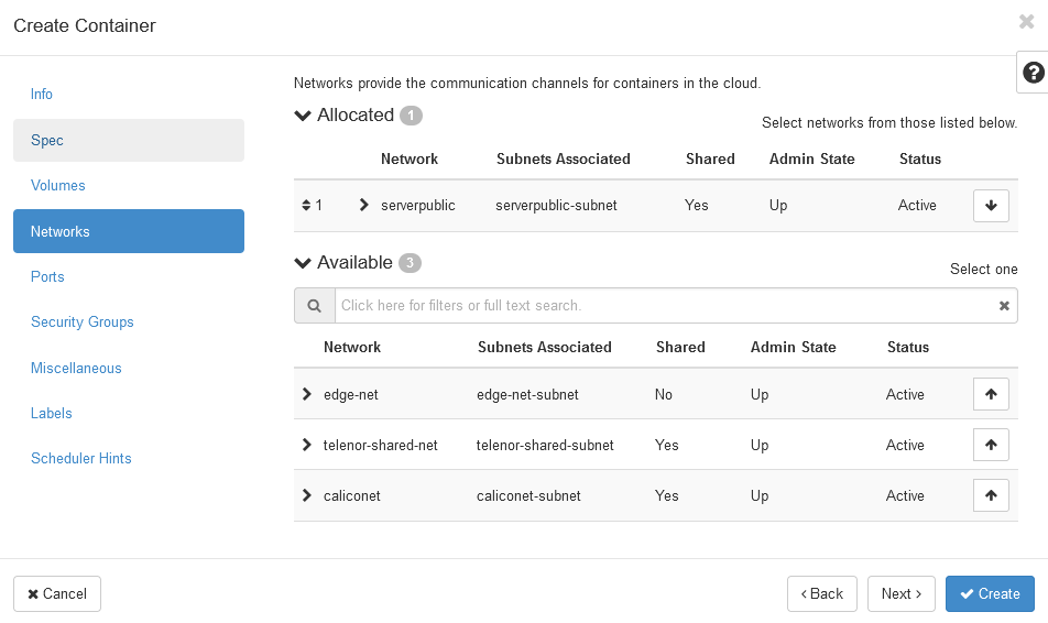 Containers networks page