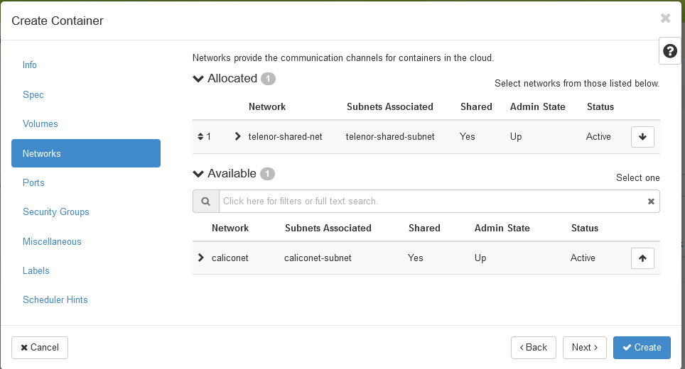 Containers networks page